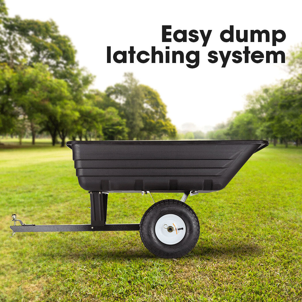 Black poly dump cart with deep tray and one visible wheel