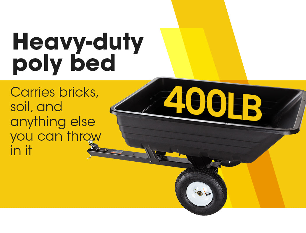 Black poly dump cart with 400 lb capacity marking on tray
