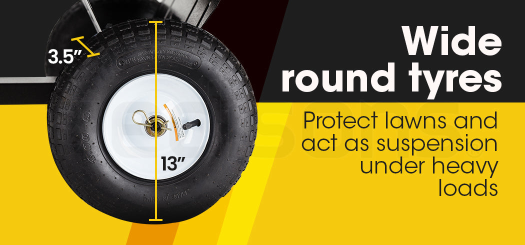 Wide round cart tire with white wheel rim for poly dump cart