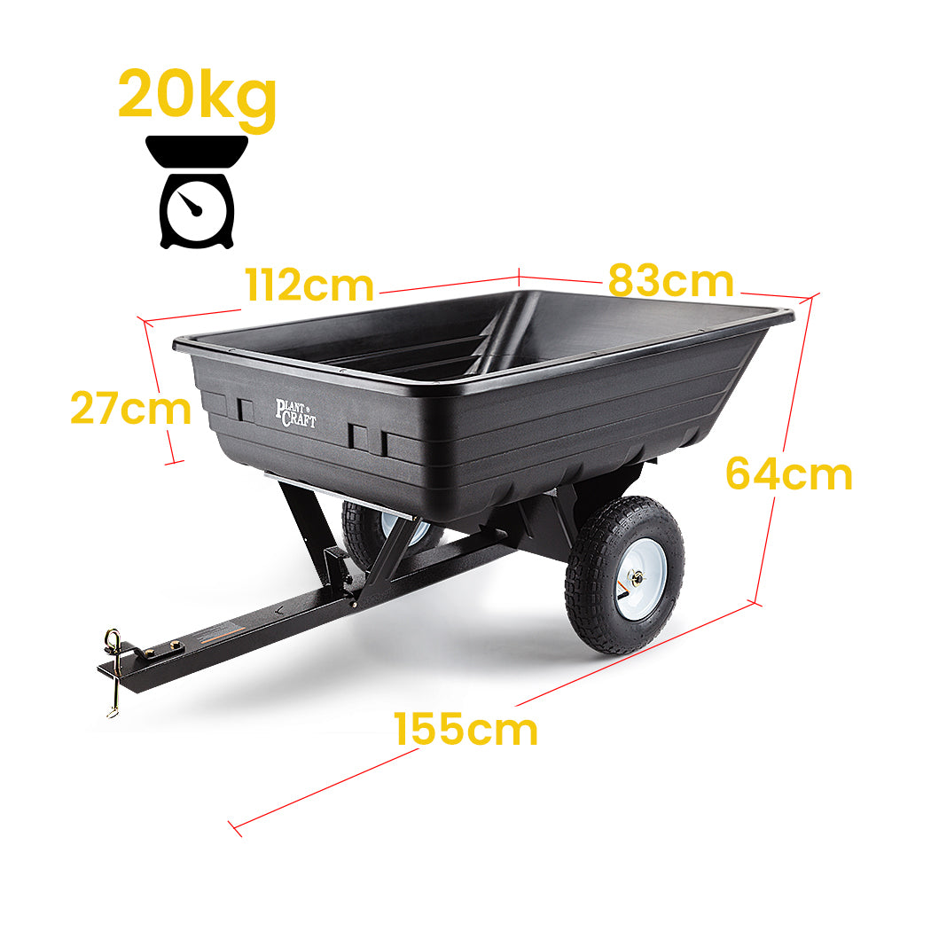Black poly dump cart with tray dimensions overlay and tow bar