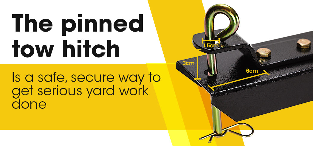Pinned tow hitch connection on black poly dump cart frame