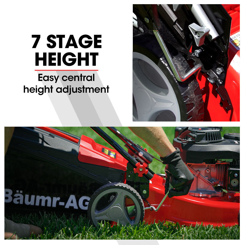 Red lawn mower side view with height adjustment control and wheel