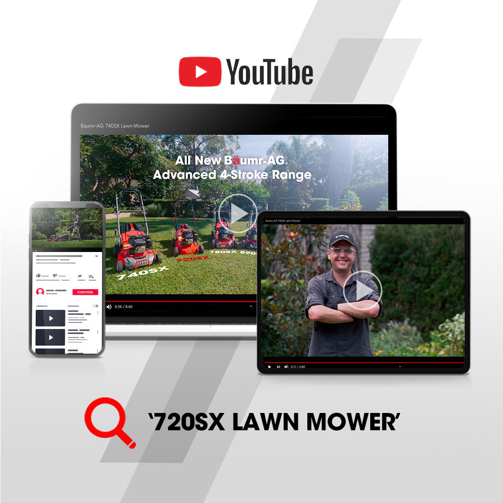 Petrol lawn mower video shown on laptop and mobile screens with play icons