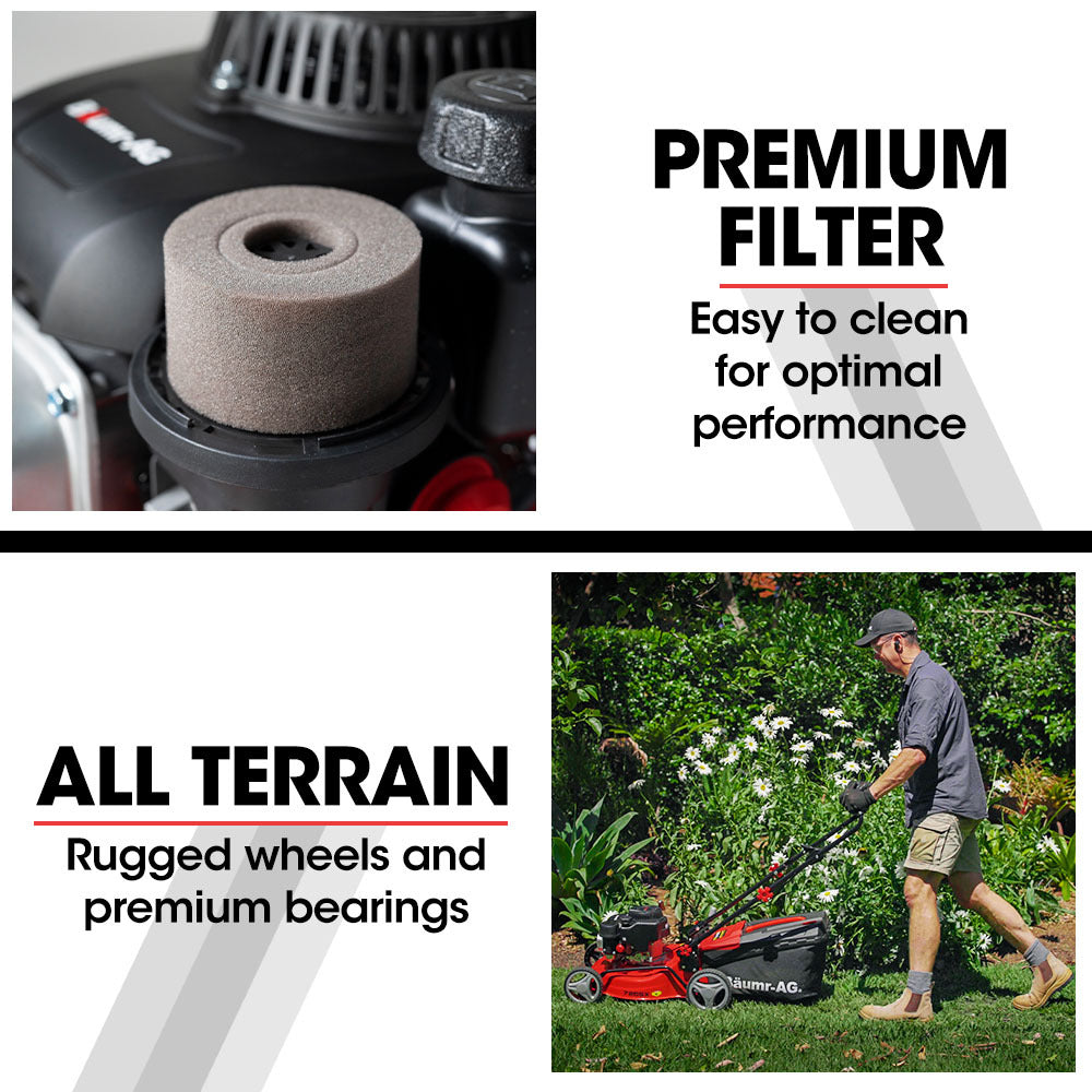 Lawn mower air filter foam element on the engine for easy cleaning