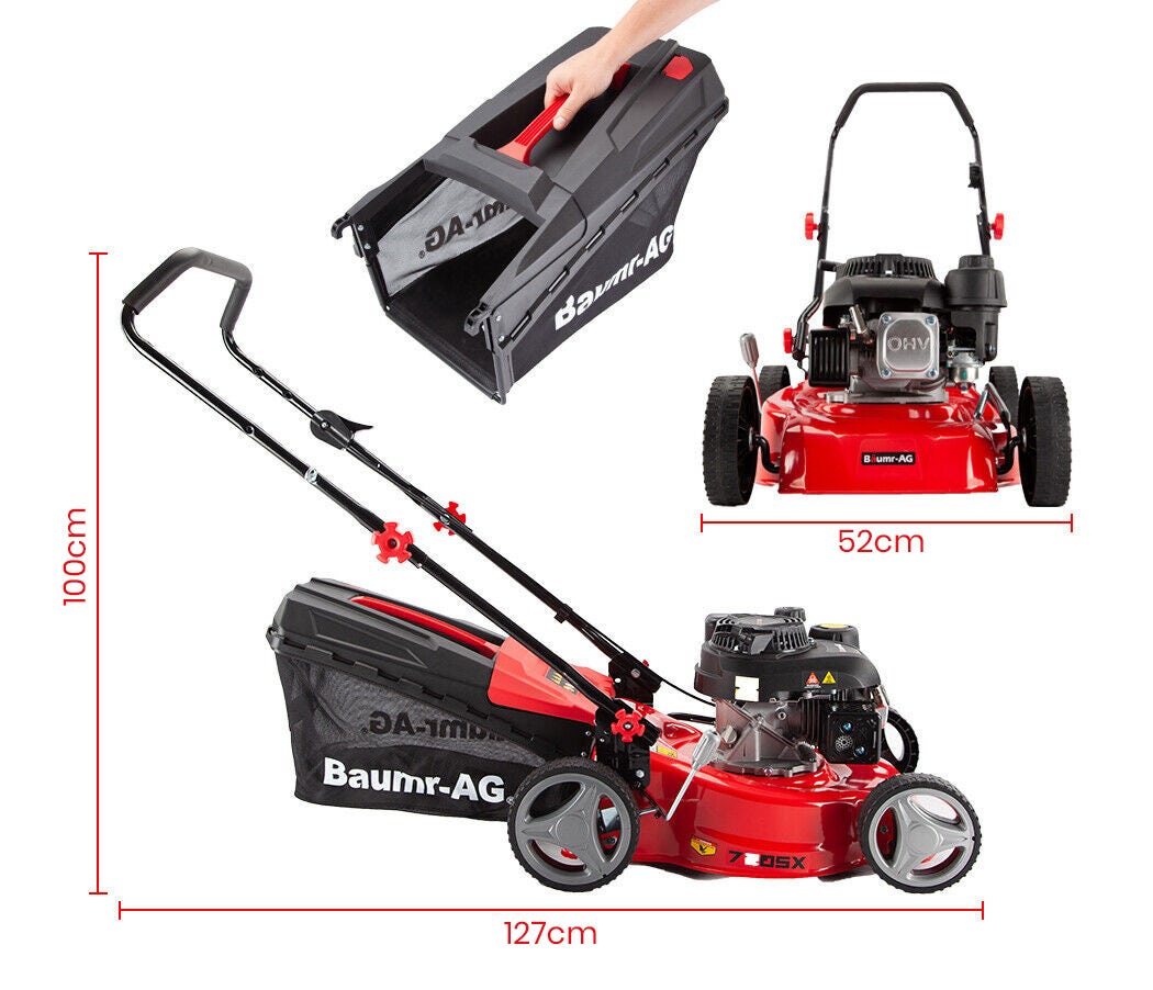 Red and black petrol push lawn mower with dimensions diagram and handles