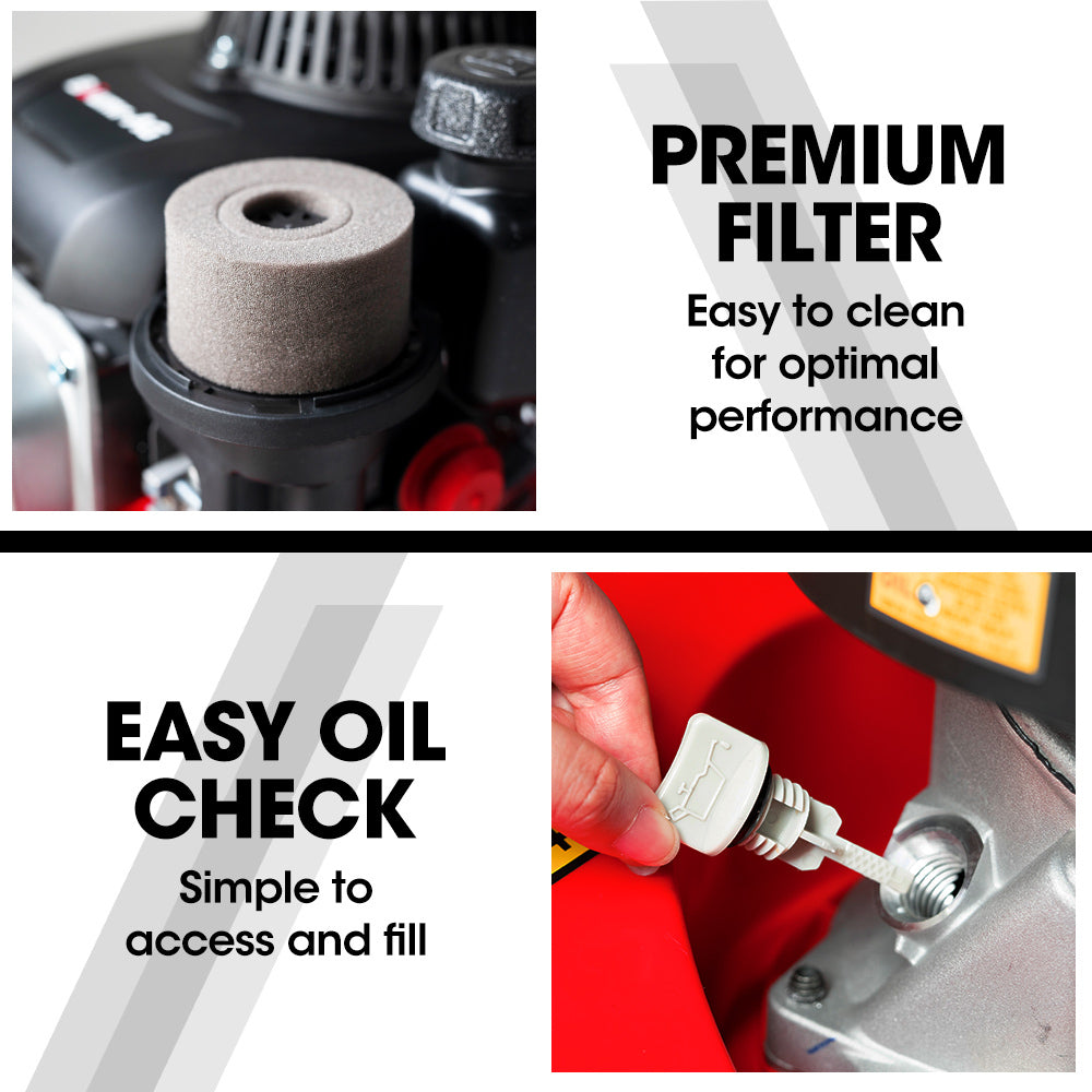 Premium air filter element on a petrol lawn mower engine housing.