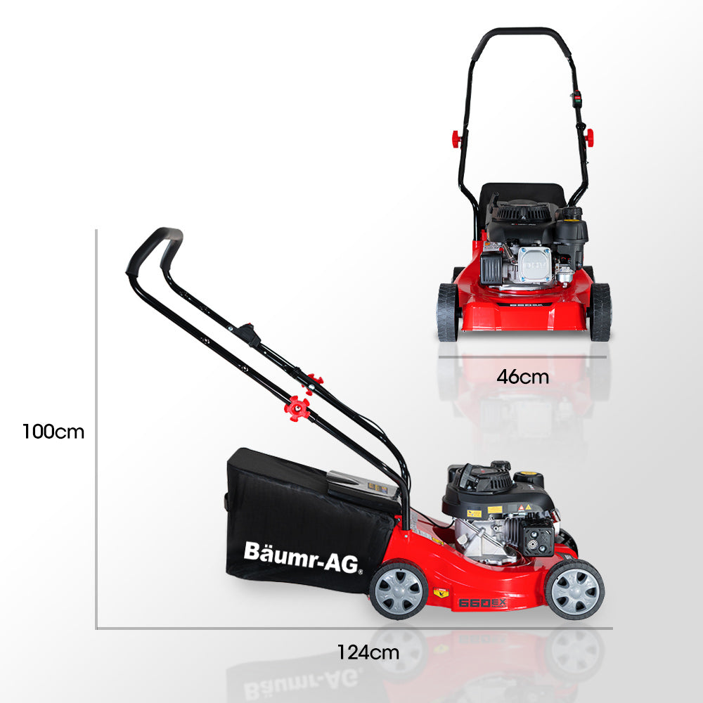Petrol lawn mower with grass catcher and handle, front view with size markers.