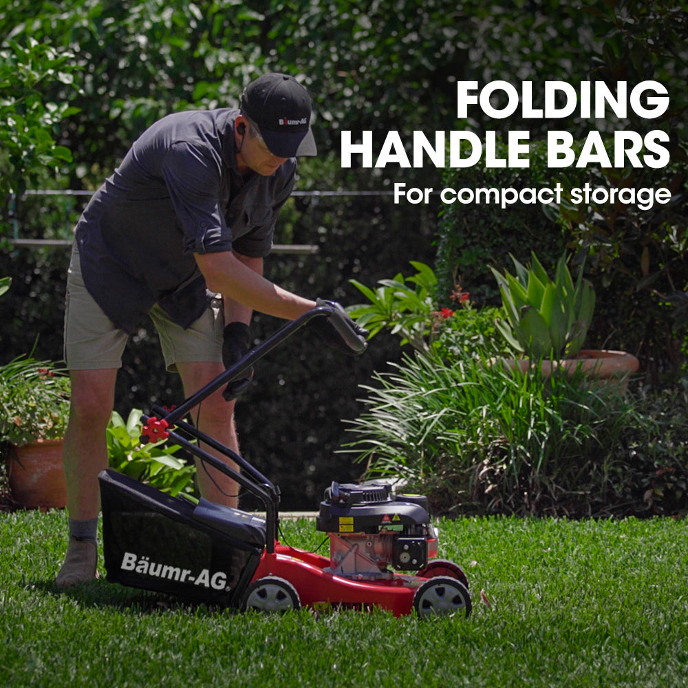 Petrol push lawn mower with foldable handle bars and rear grass catcher.
