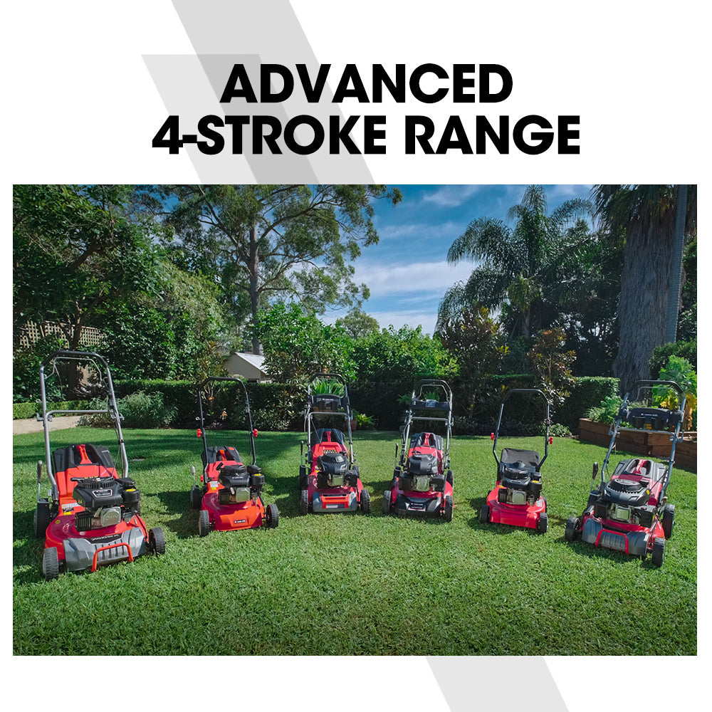 Petrol lawn mowers with red decks arranged in a row for comparison.