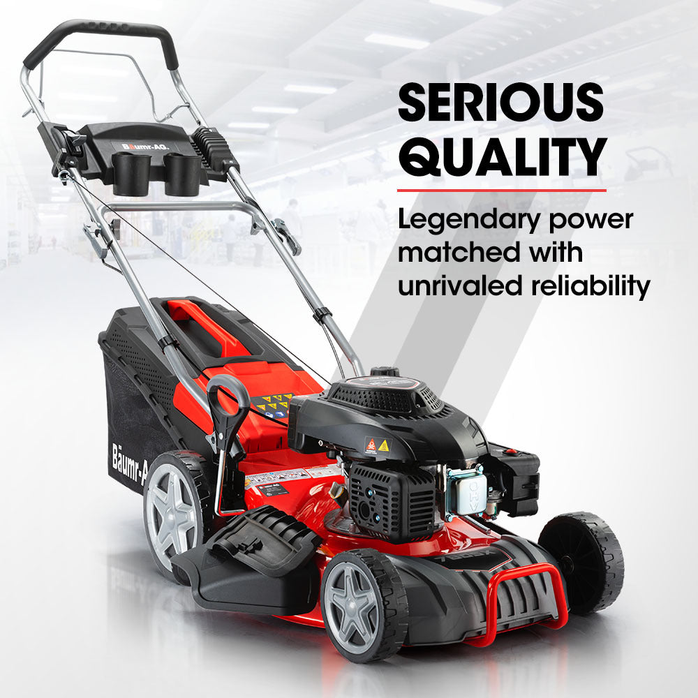 Red and black self-propelled petrol lawn mower with front wheels and grass catcher frame