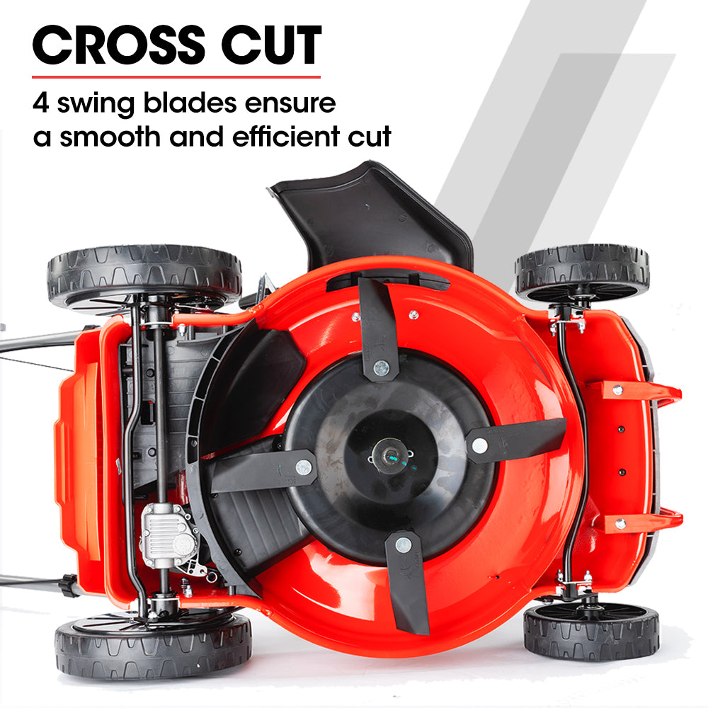 Lawn mower cutting deck front view with red housing and black blade guard