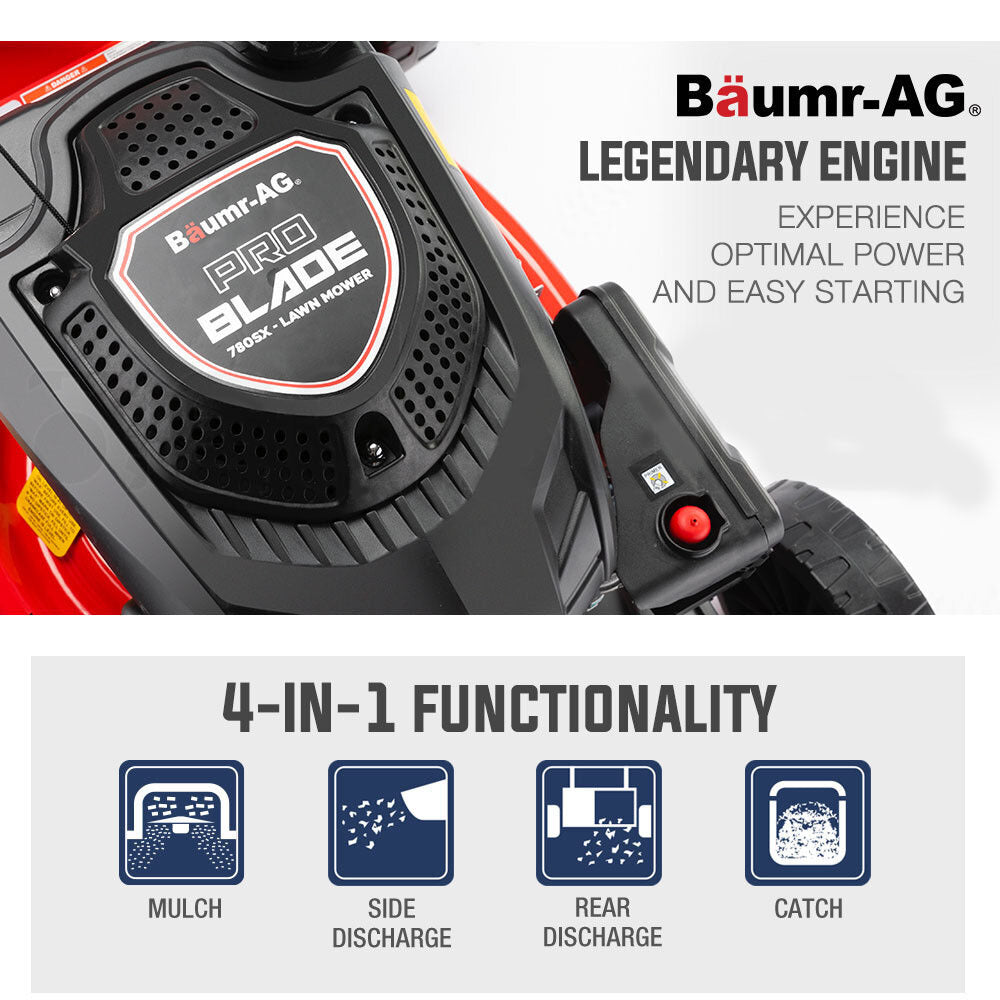 Baumr-AG petrol engine cover close-up with red body and black air intake panel