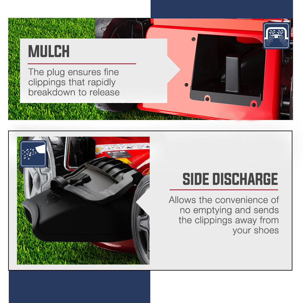 Red lawn mower side discharge chute area with black mulch cover and deck opening
