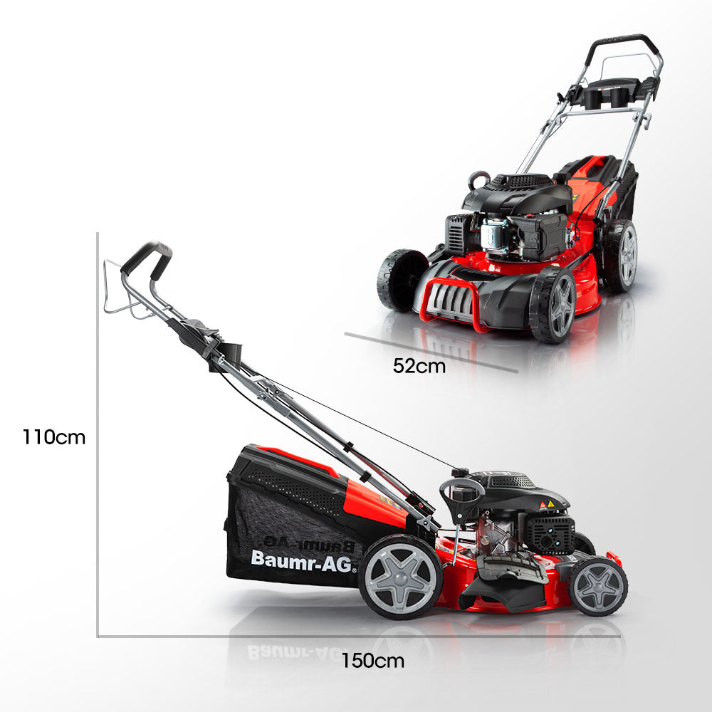 Red and black self-propelled petrol lawn mower with rear catcher and long handle