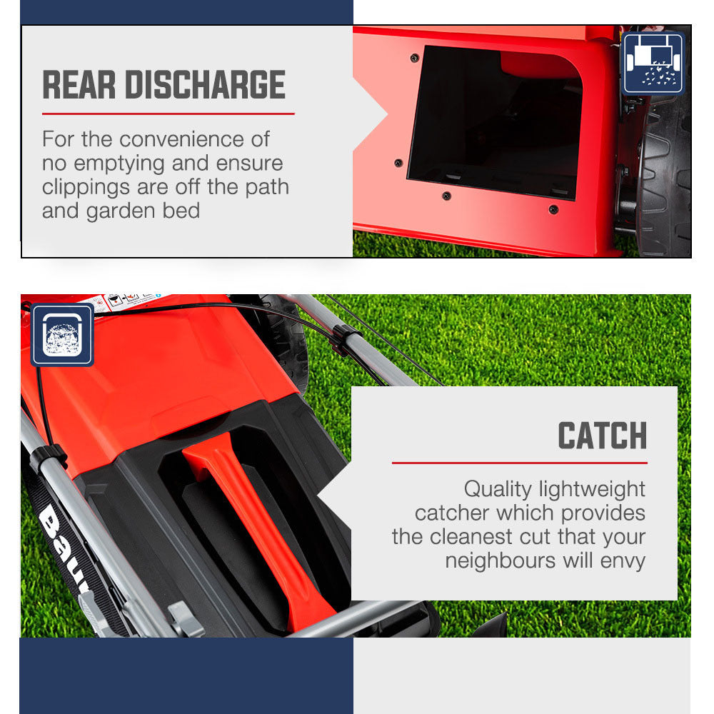 Red lawn mower rear discharge opening with black grass-collection catcher housing