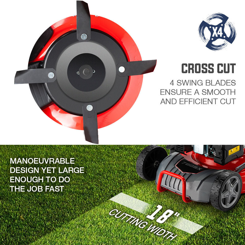 Red and black mower wheels and deck with front cutting blade housing visible