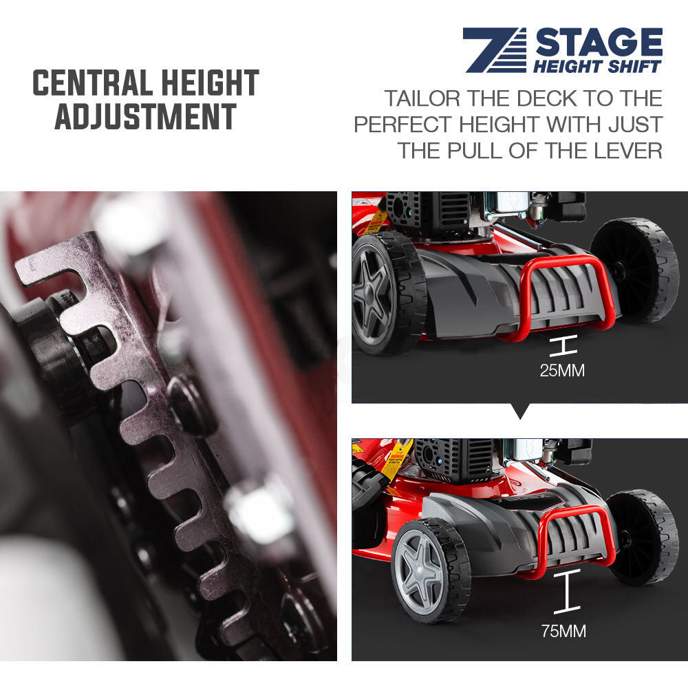 Lawn mower height adjustment lever and wheel with red deck guard detail