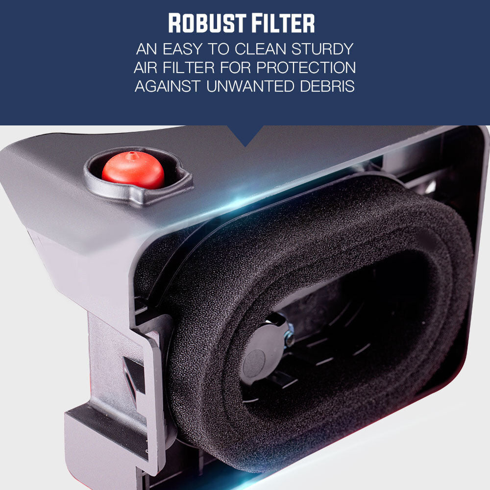 Lawn mower air filter housing close-up on grey engine cover with foam filter