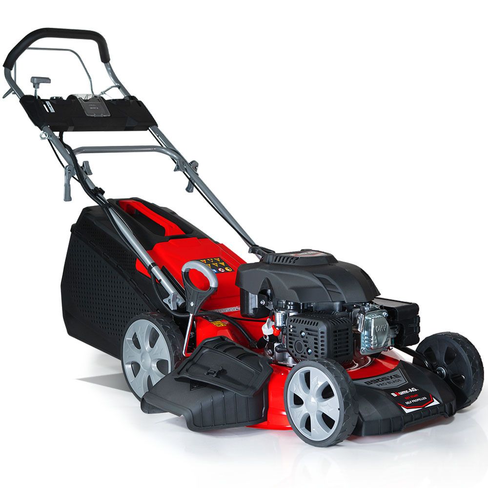 Red lawn mower with large all-terrain wheels and rugged rubber treads
