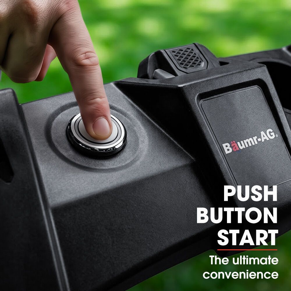 Black lawn mower push-button start on top control housing