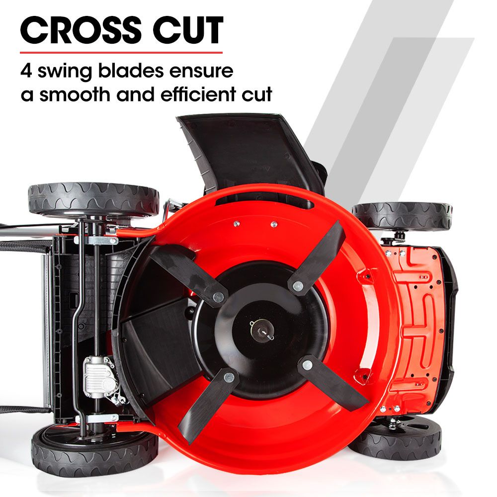 Red lawn mower front blade housing with cross-cut cutting system