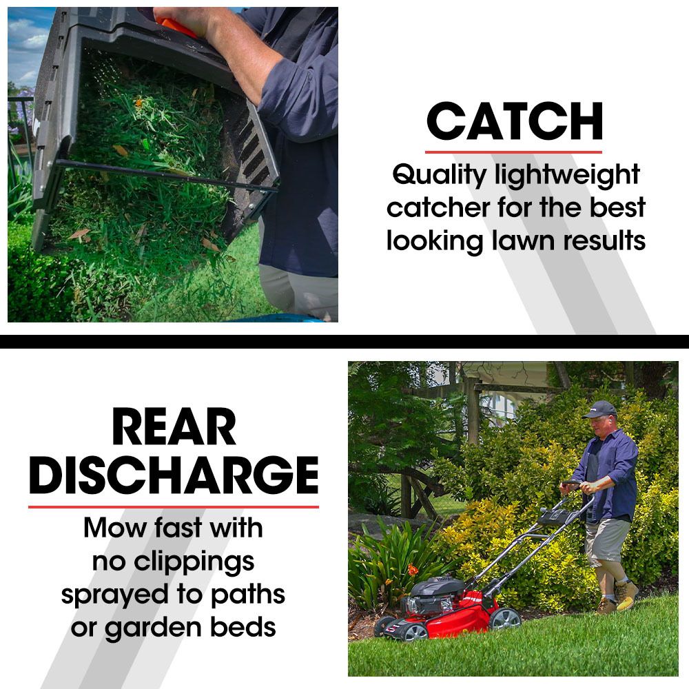 Red lawn mower rear catcher container with open grass collection bay