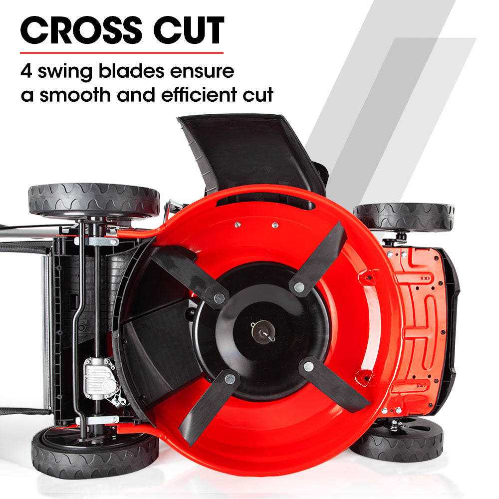 Red lawn mower cutting fan and blade assembly with black guard housing