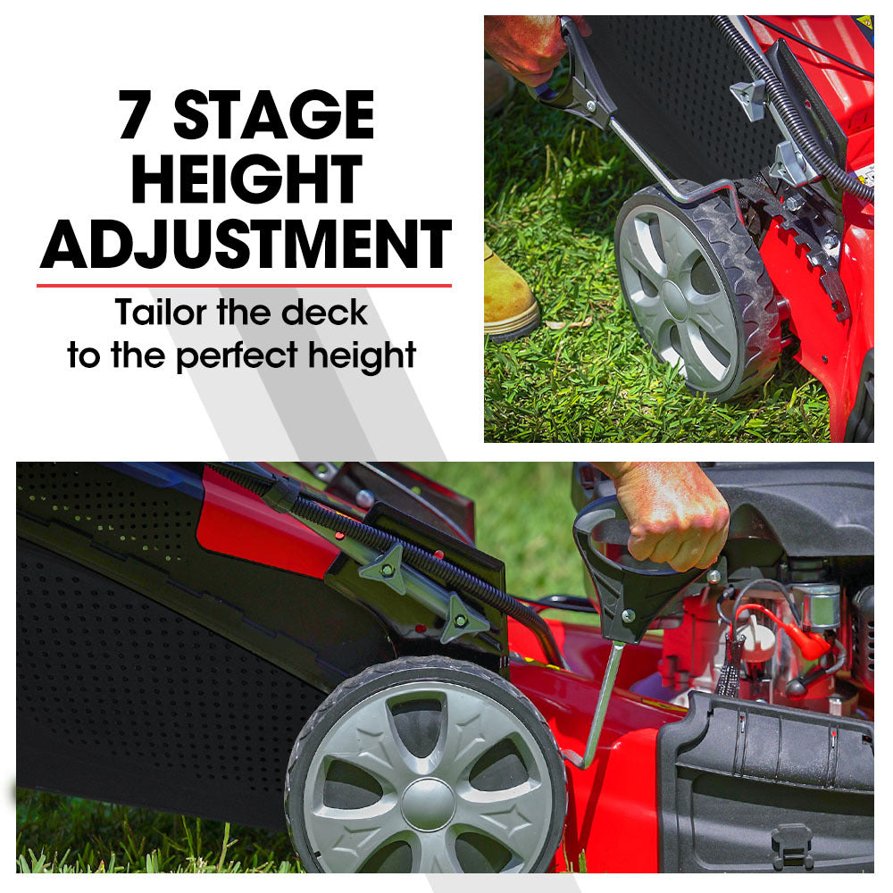 Red lawn mower with adjustable cutting height near the wheel