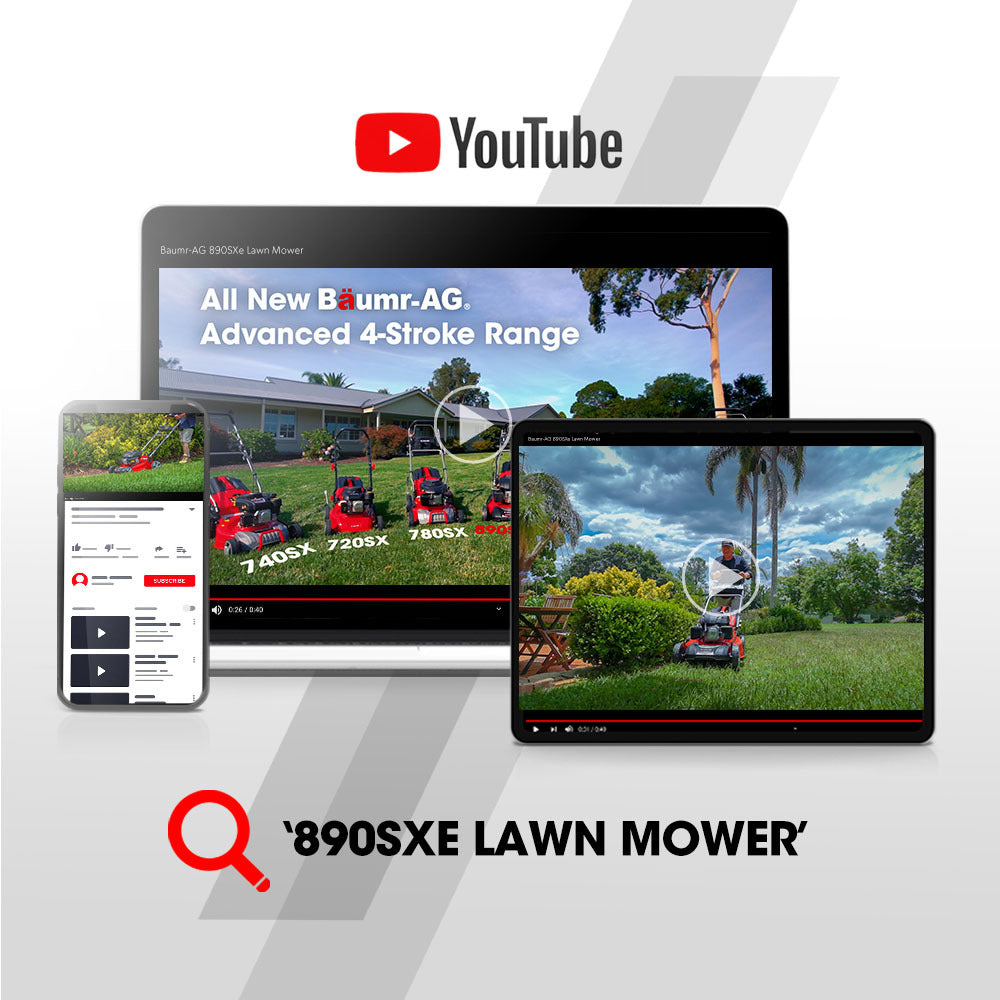 Baumr-AG lawn mower promotional graphic on smartphone and tablet screens