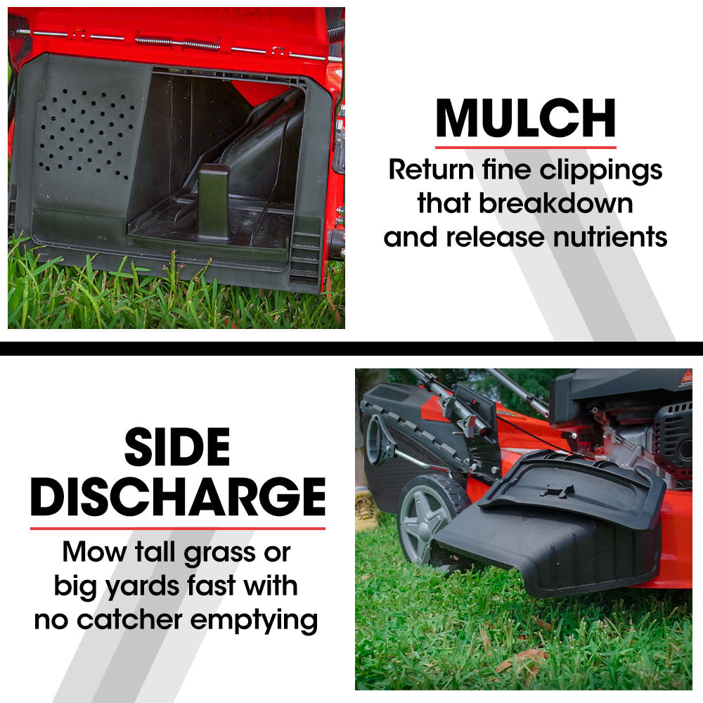 Red lawn mower with side discharge opening and mulch cover panel