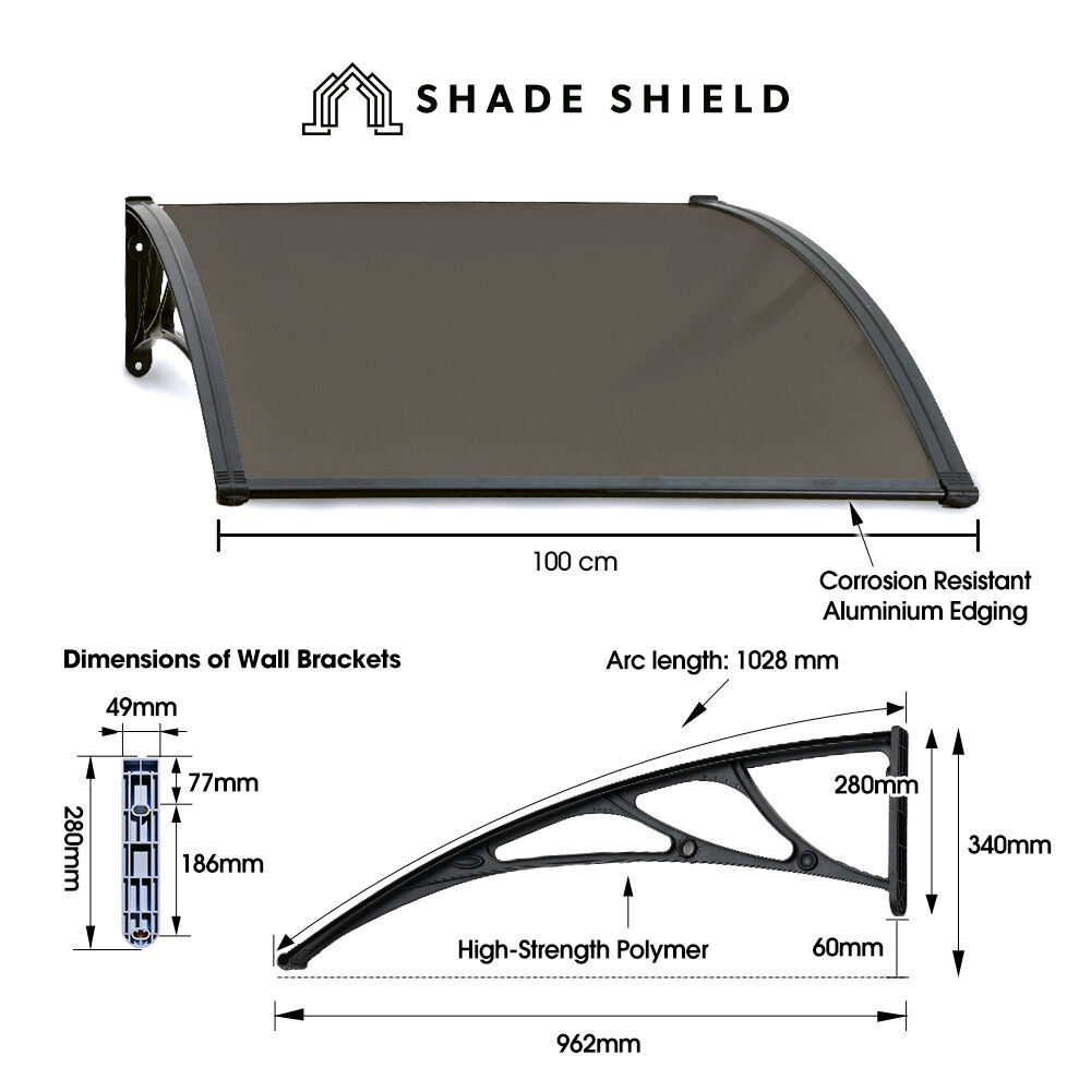 Wall-mounted black awning with grey tinted polycarbonate roof panel and side brackets