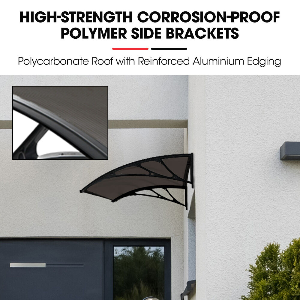 Curved polycarbonate awning with reinforced aluminium edging and black side brackets