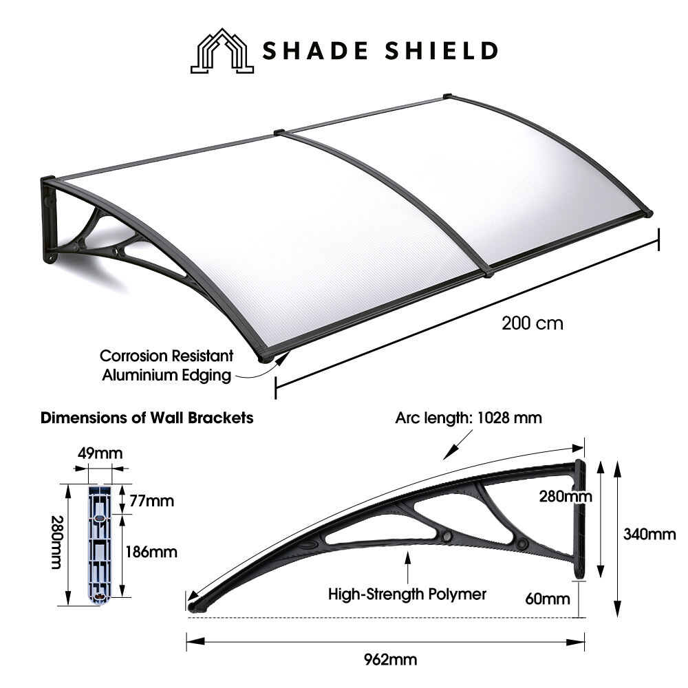 SHADE SHIELD 2x1m Aluminium Exterior Awning, Black DIY External UV Rain Protection Clear Polycarbonate Canopy Cover