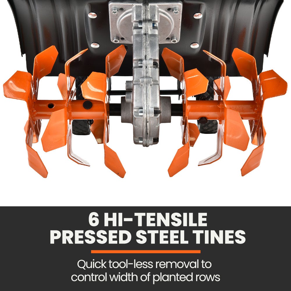 Garden cultivator tine assembly with orange tines and central steel gearbox