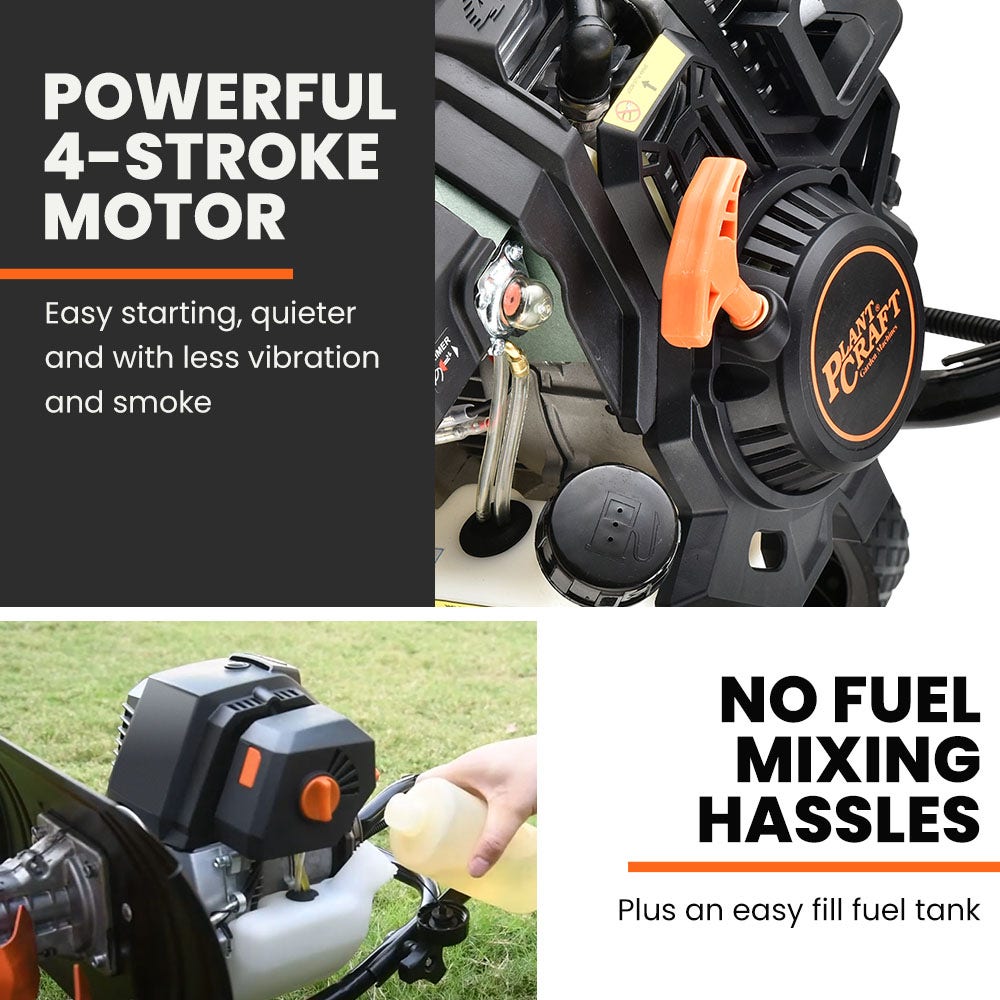 Handheld 4-stroke petrol cultivator with recoil starter and orange control knob