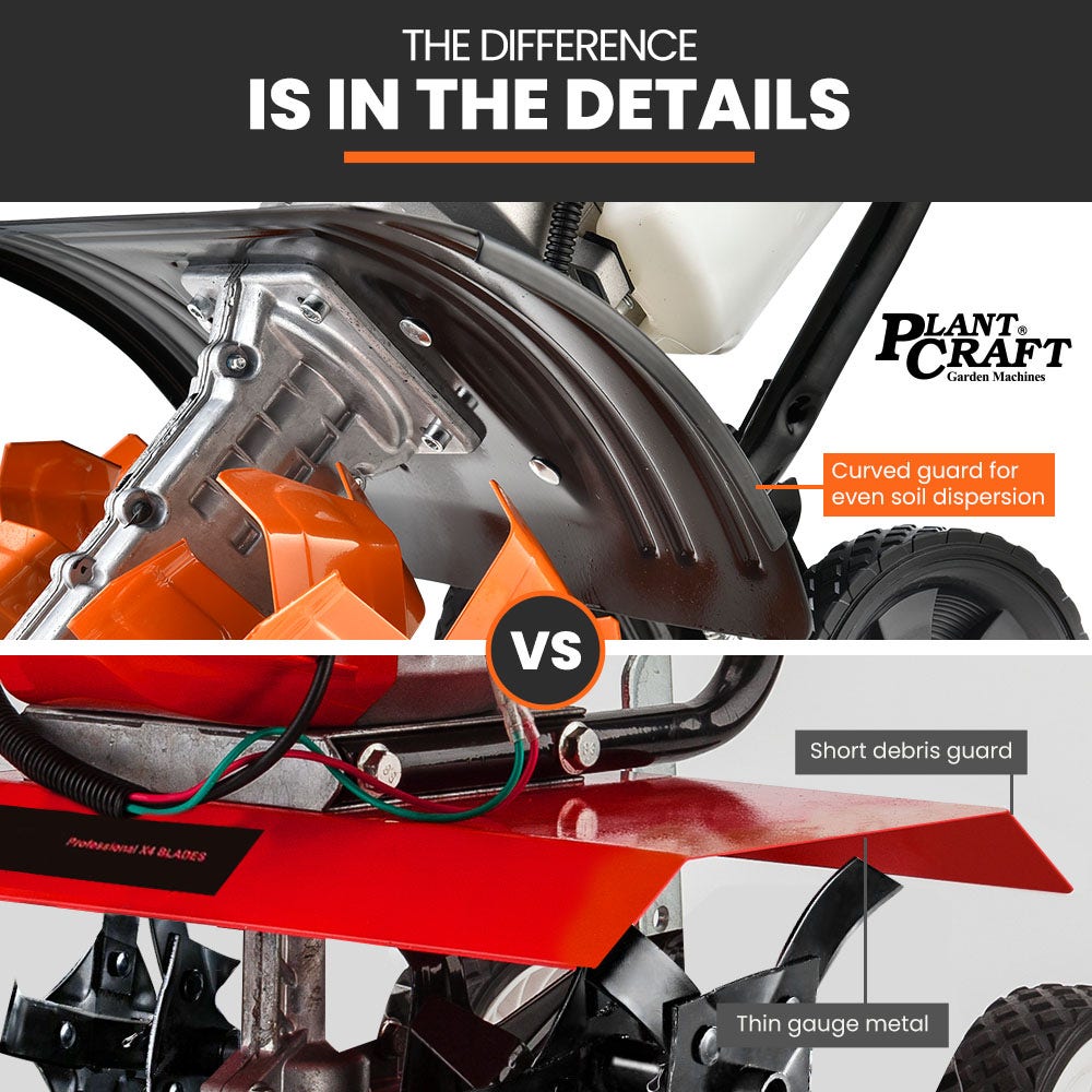 Tine and guard details on a garden cultivator with orange blades and metal frame
