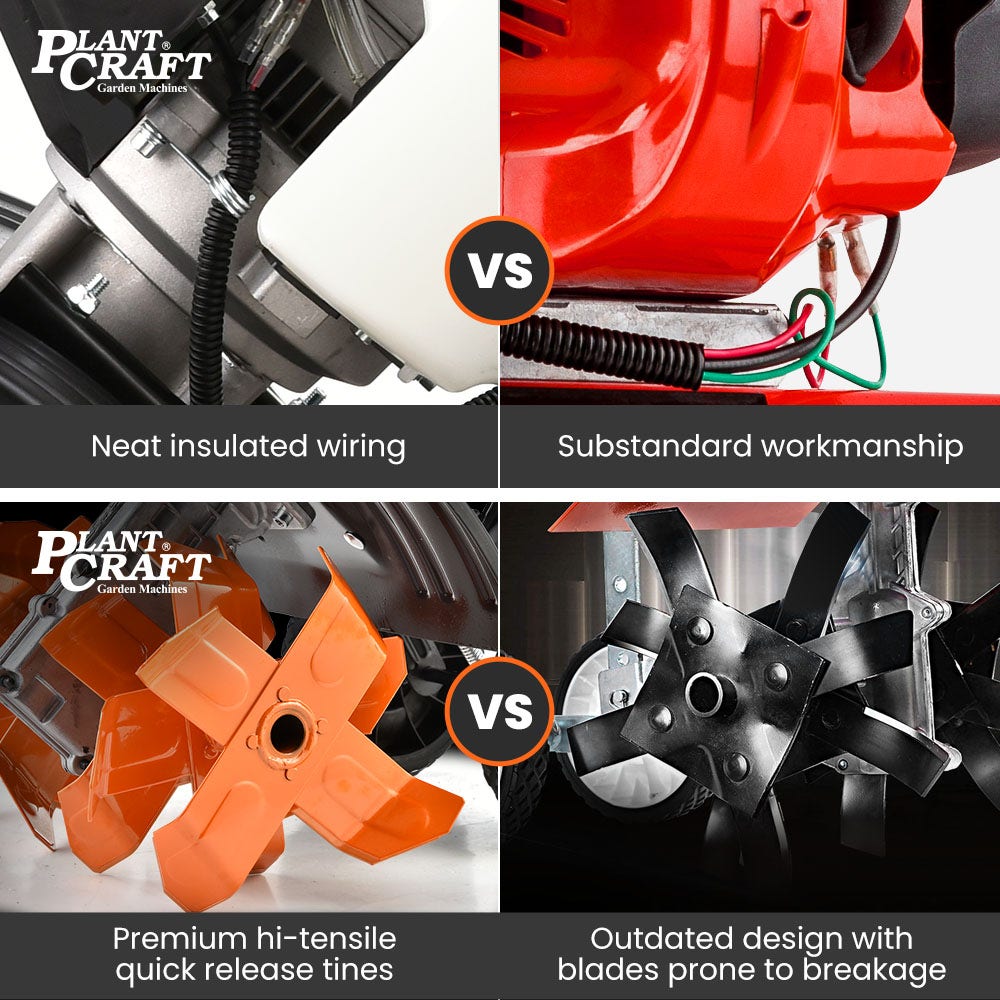 Engine wiring and tine quality comparison on a garden cultivator with orange components