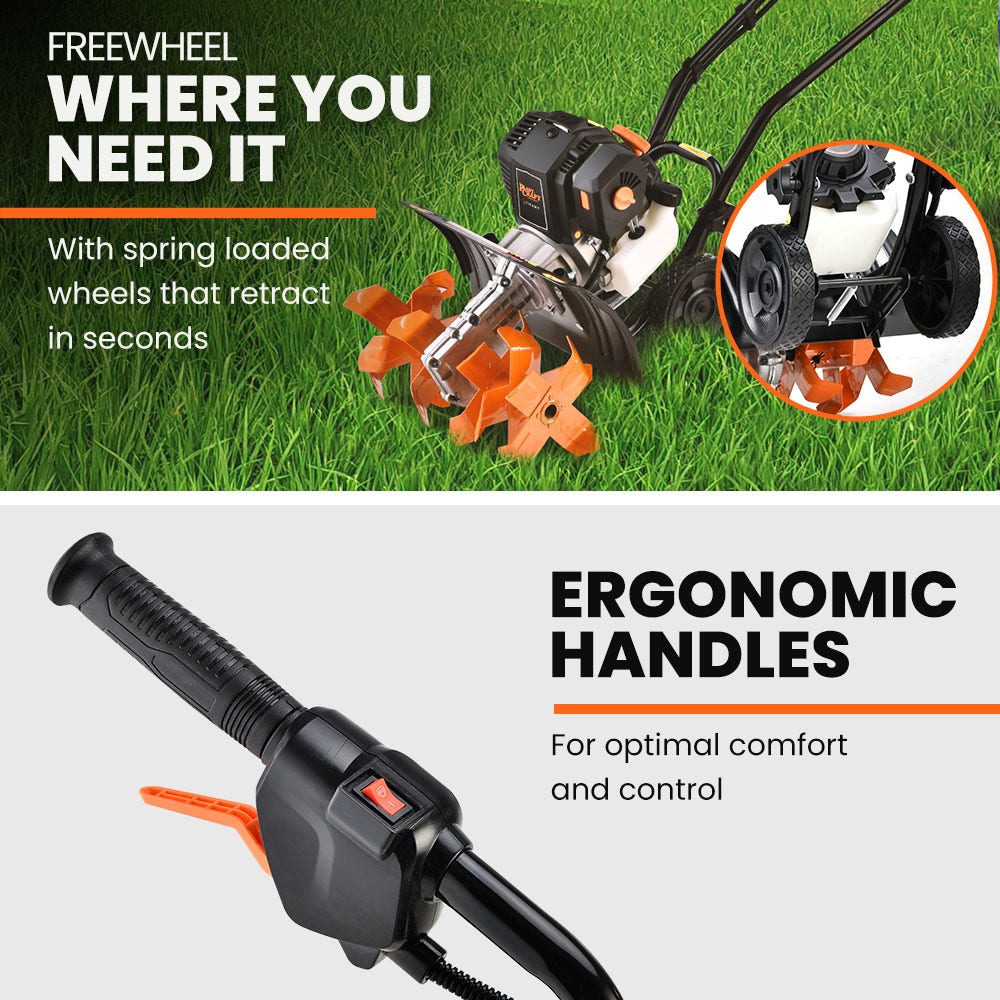 Handheld cultivator showing orange tines and black ergonomic handle with control