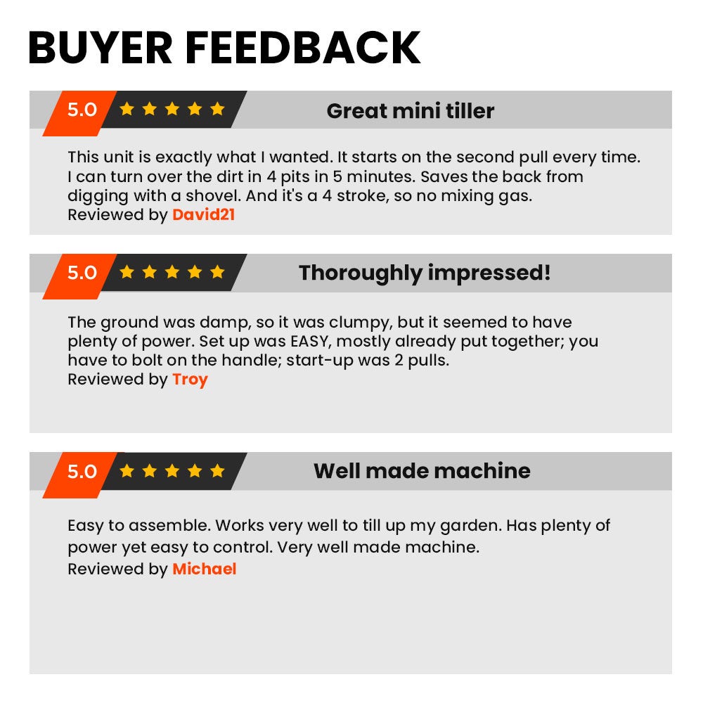Garden cultivator product review panel graphic on a light background