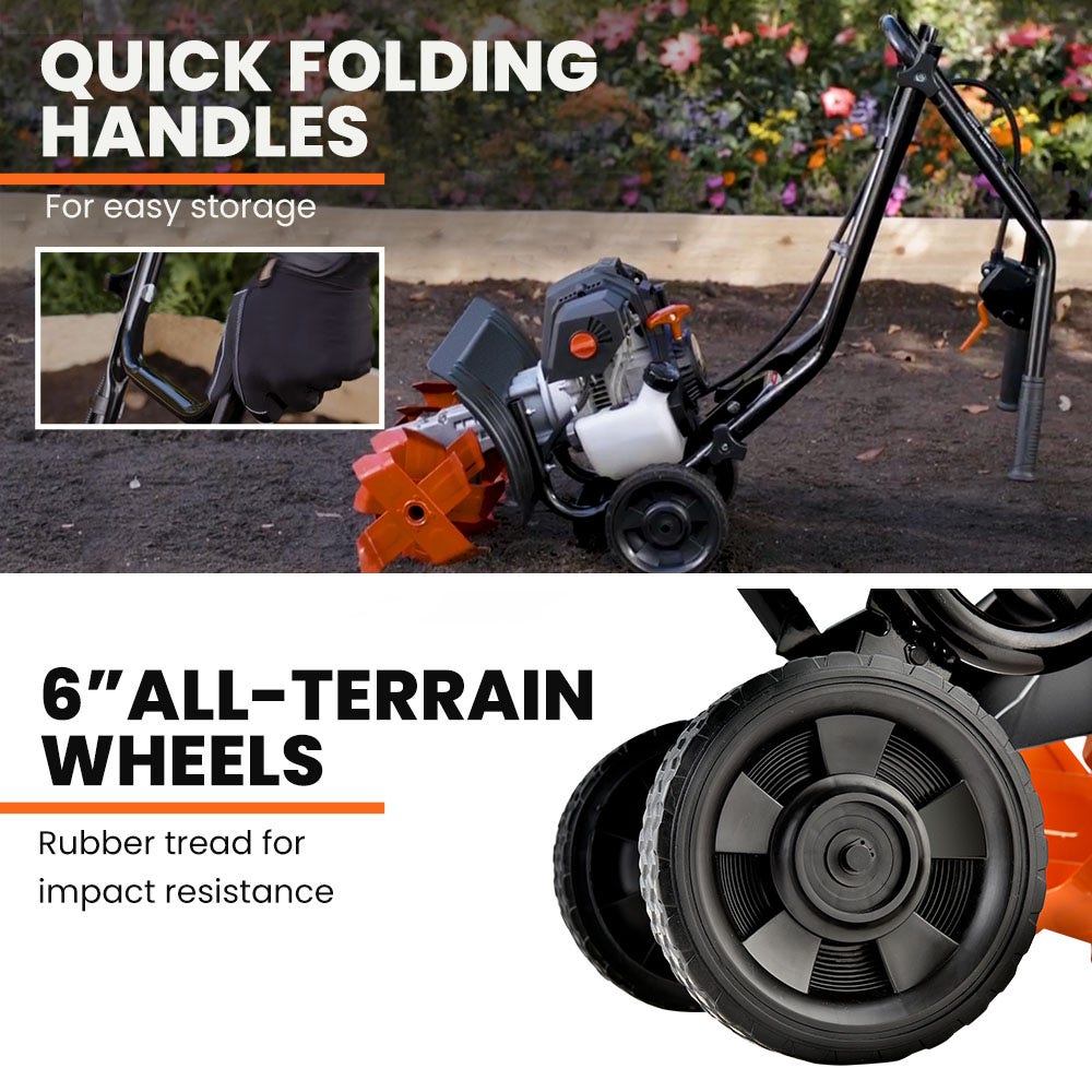 Garden cultivator with large all-terrain wheels and foldable handle for storage