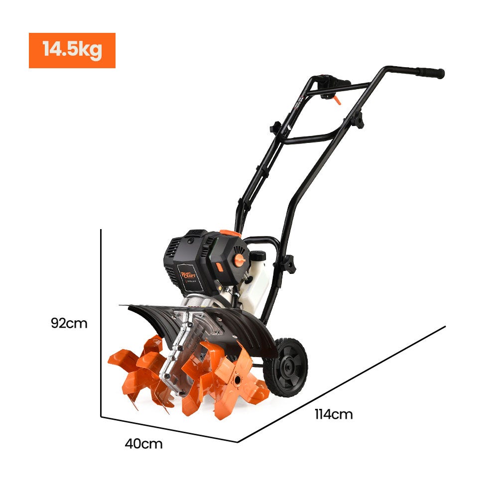 Handheld garden cultivator tiller with orange rotating tines, front wheel, and top handle