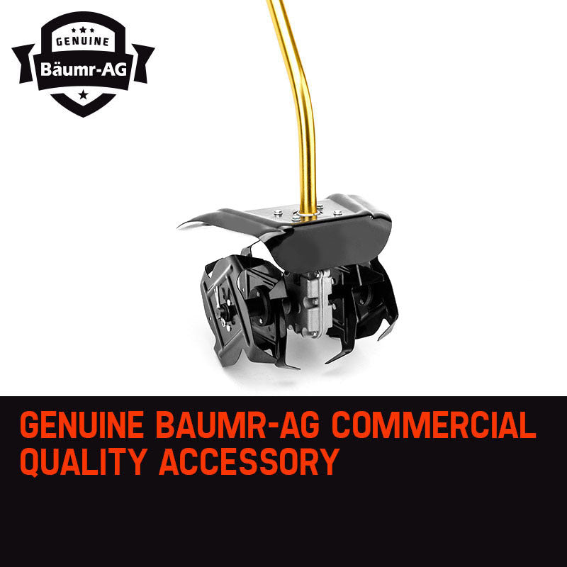 Rotary hoe pole attachment with black tines housing and gold vertical shaft