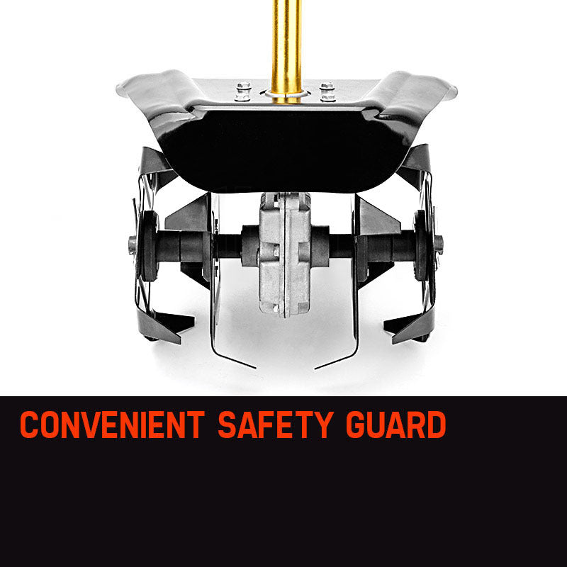 Rotary hoe pole attachment front view with black safety guard and tine assembly