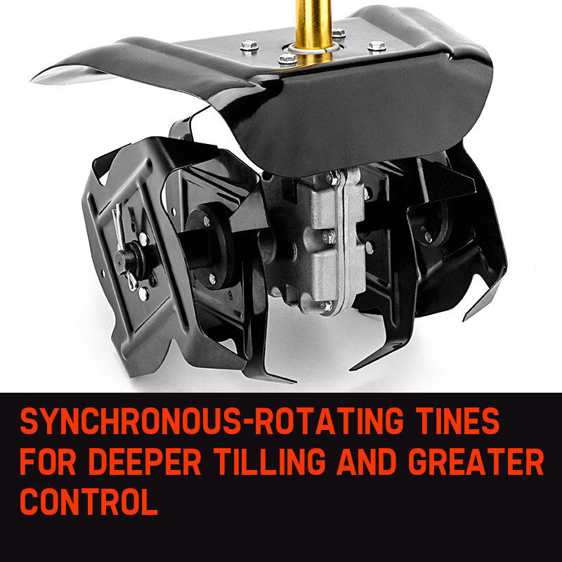 Rotary hoe pole attachment side view with black guard and rotating tine unit