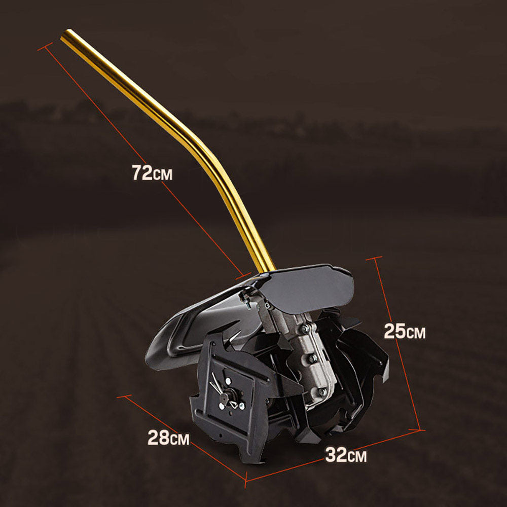Rotary hoe pole attachment with gold shaft and black head, approx 72 cm length
