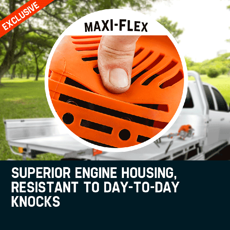 Orange engine housing air vents with protective MAXI-FLEX cover texture