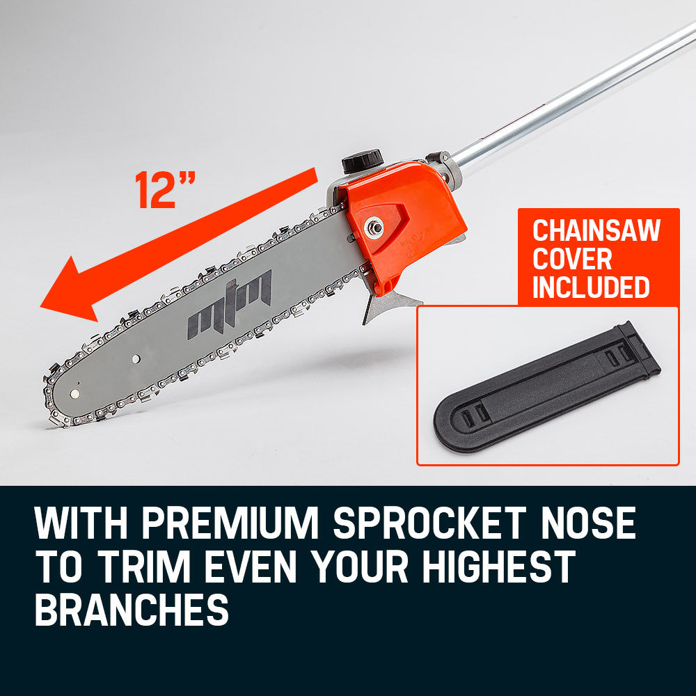 Silver chainsaw bar with chain, plus black chain cover accessory