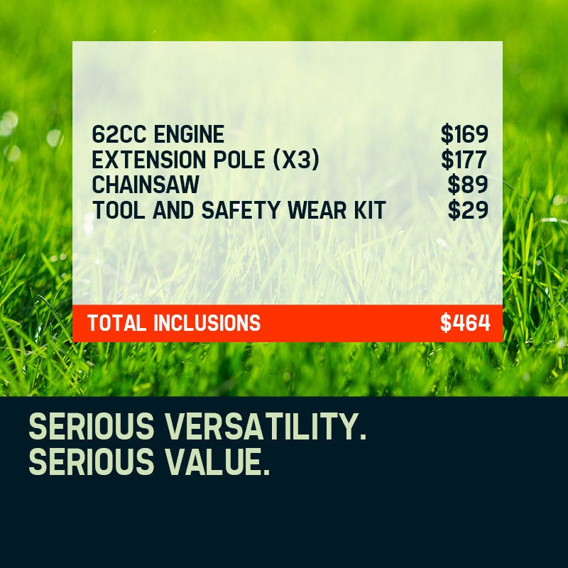 Green grass background with pricing panel for extension pole and chainsaw kit