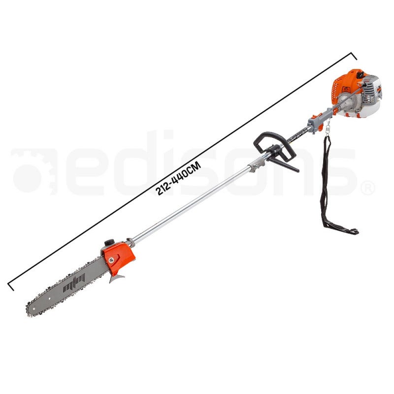 Extended pole chainsaw with orange motor housing, long shaft, and guide bar with chain