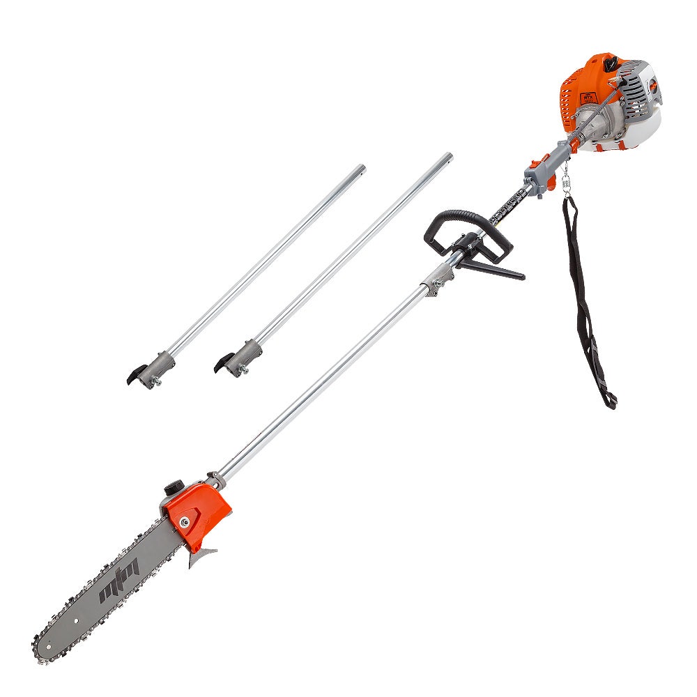 Pole chainsaw with orange engine, two extension tubes, and cutting bar with chain